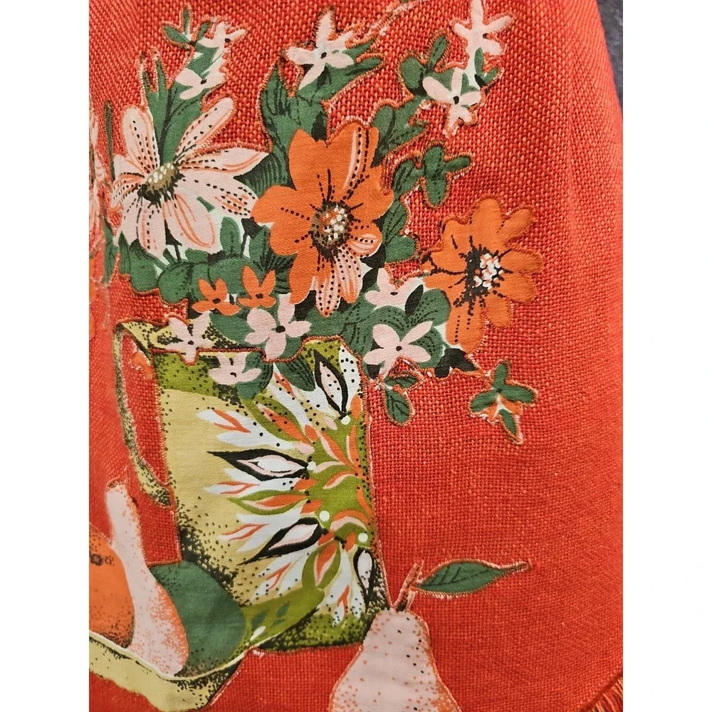 Vtg 60s Sue Sets NY Burlap Waist Apron, Fruit Floral Applique, Orange
